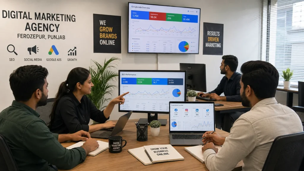 Digital marketing agency in Ferozepur helping local businesses and e-commerce brands grow through SEO, Google Ads, social media marketing, and lead generation.